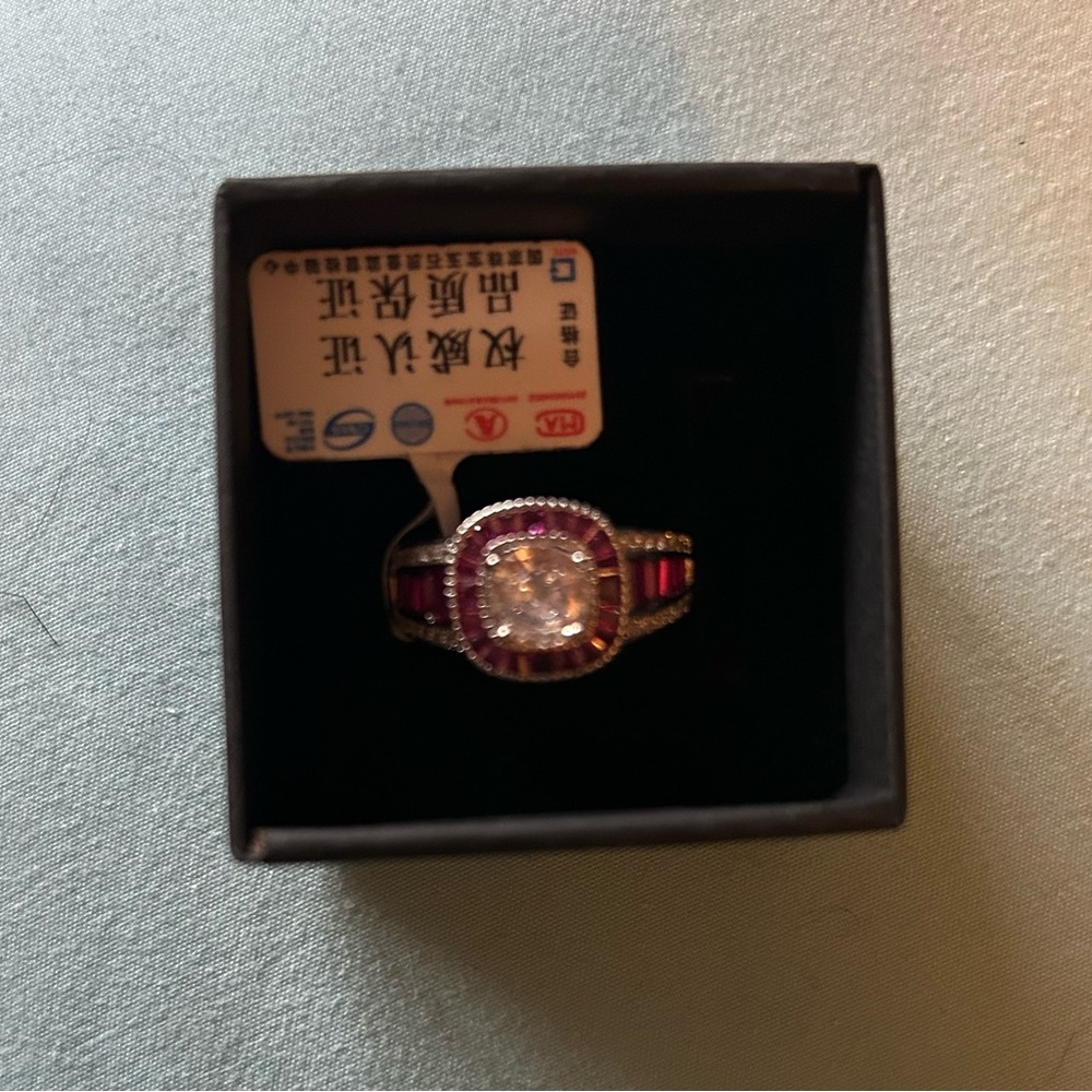 Ladies sterling silver CZ and simulated ruby ring